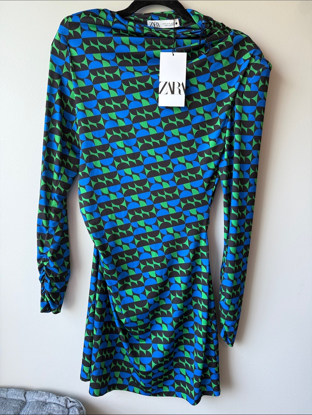 ZARA Blue & Green Geometric Long Sleeve Dress